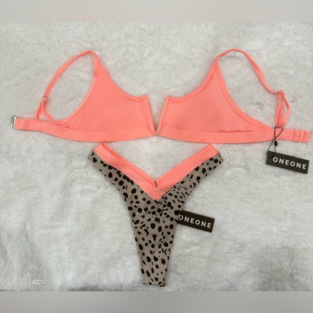 NWT OneOne Coral and Leopard Print Swimsuit